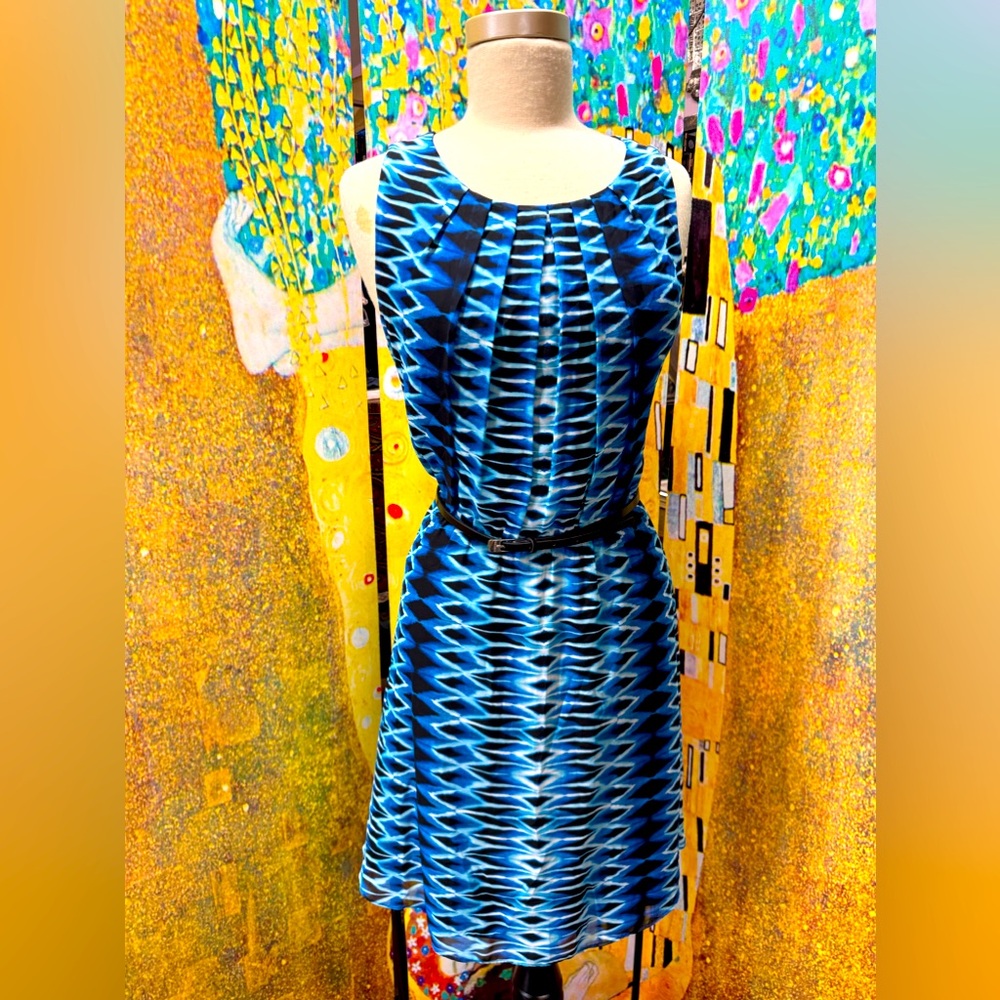 Calvin Klein Blue, White & Black patterned dress w/ Belt size 14